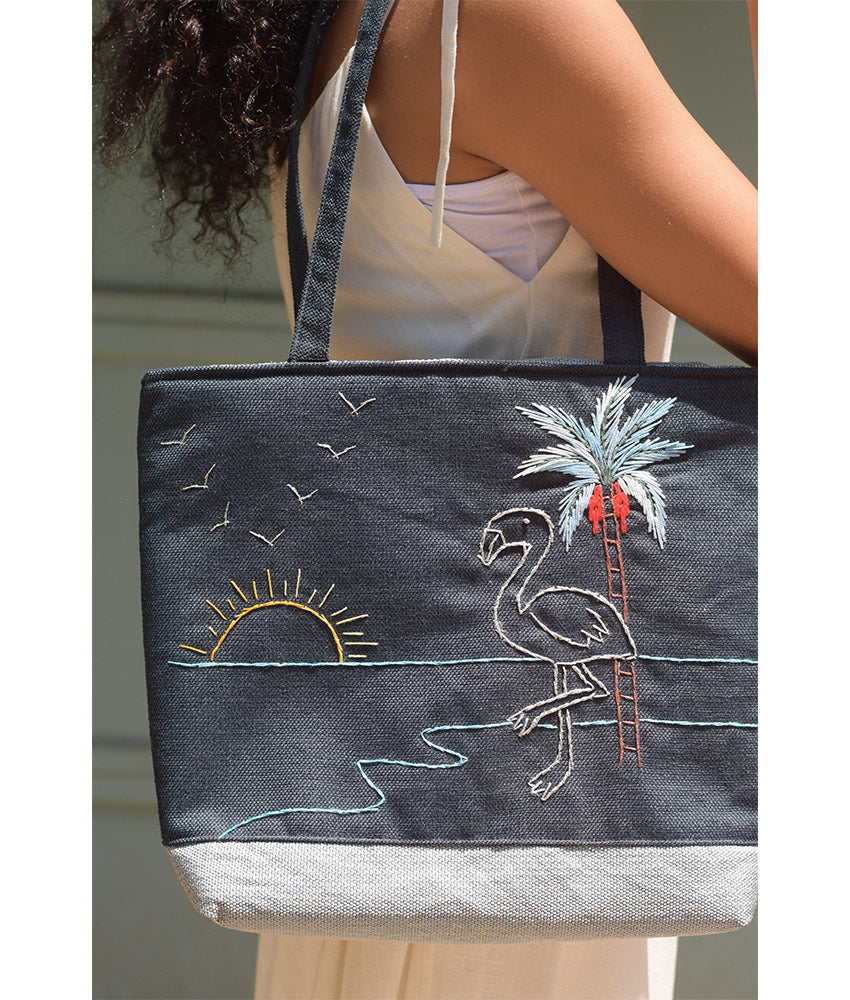 Grey Embroidered Palm Linen Tote Bag handmade in Egypt & available at Jozee Boutique.handmade in Egypt & available at Jozee Boutique.