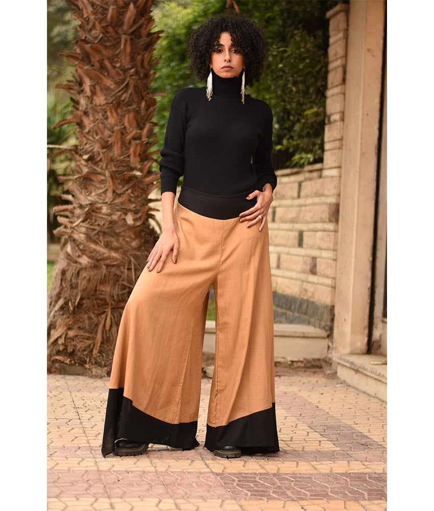 Camel Flowy Pants with Black Patches handmade in Egypt & available in Jozee boutique