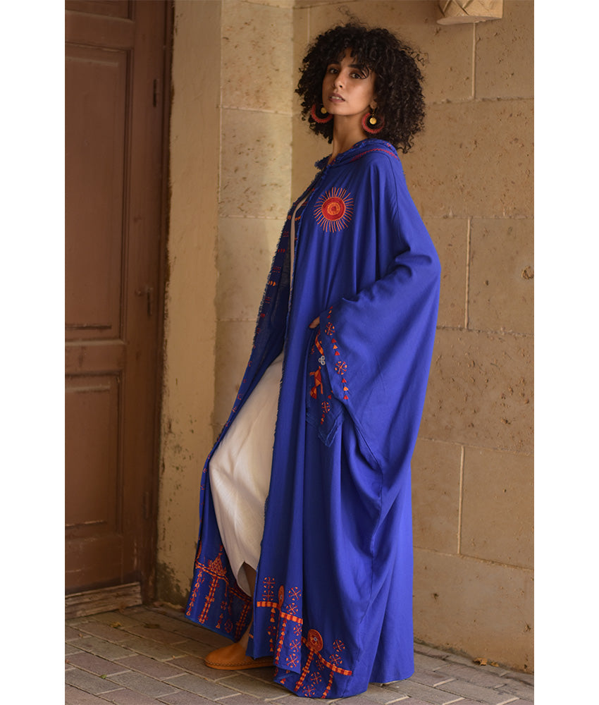 Electric Blue Siwa Embroidered Linen Cardigan/Abaya with Hoodie handmade in Egypt & available at Jozee Boutique.