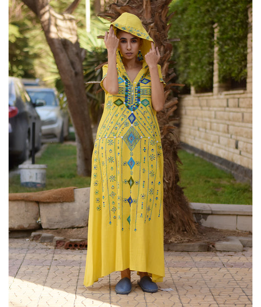 Mustard Siwa Heavily Embroidered Linen Dress with Hoodie handmade in Egypt & available at Jozee Boutique.