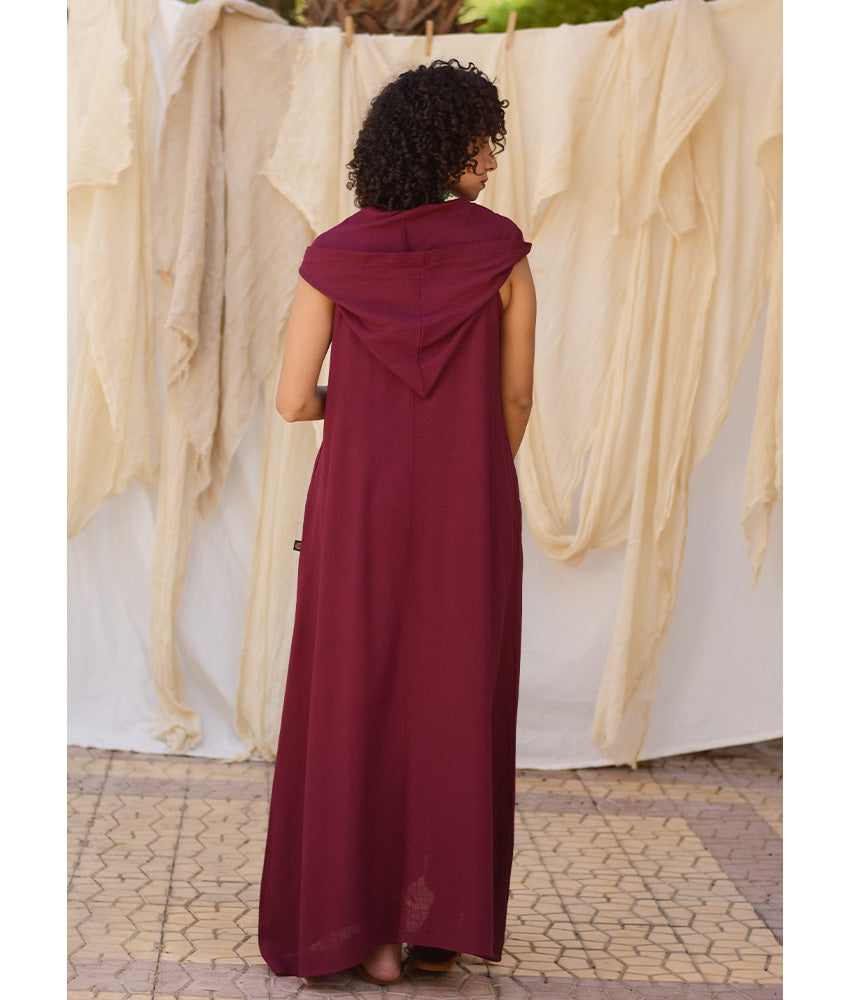 Burgundy Linen Dress with Hoodie handmade in Egypt & available at Jozee Boutique.