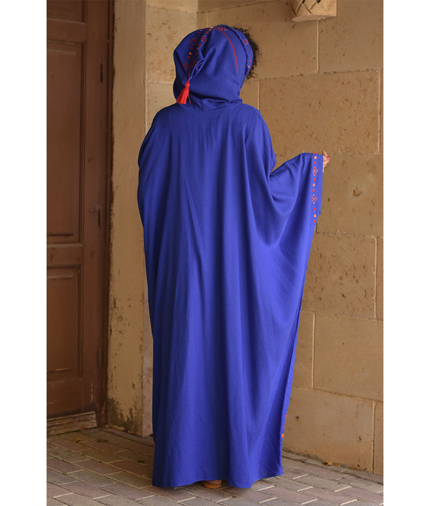 Electric Blue Siwa Embroidered Linen Cardigan/Abaya with Hoodie handmade in Egypt & available at Jozee Boutique.