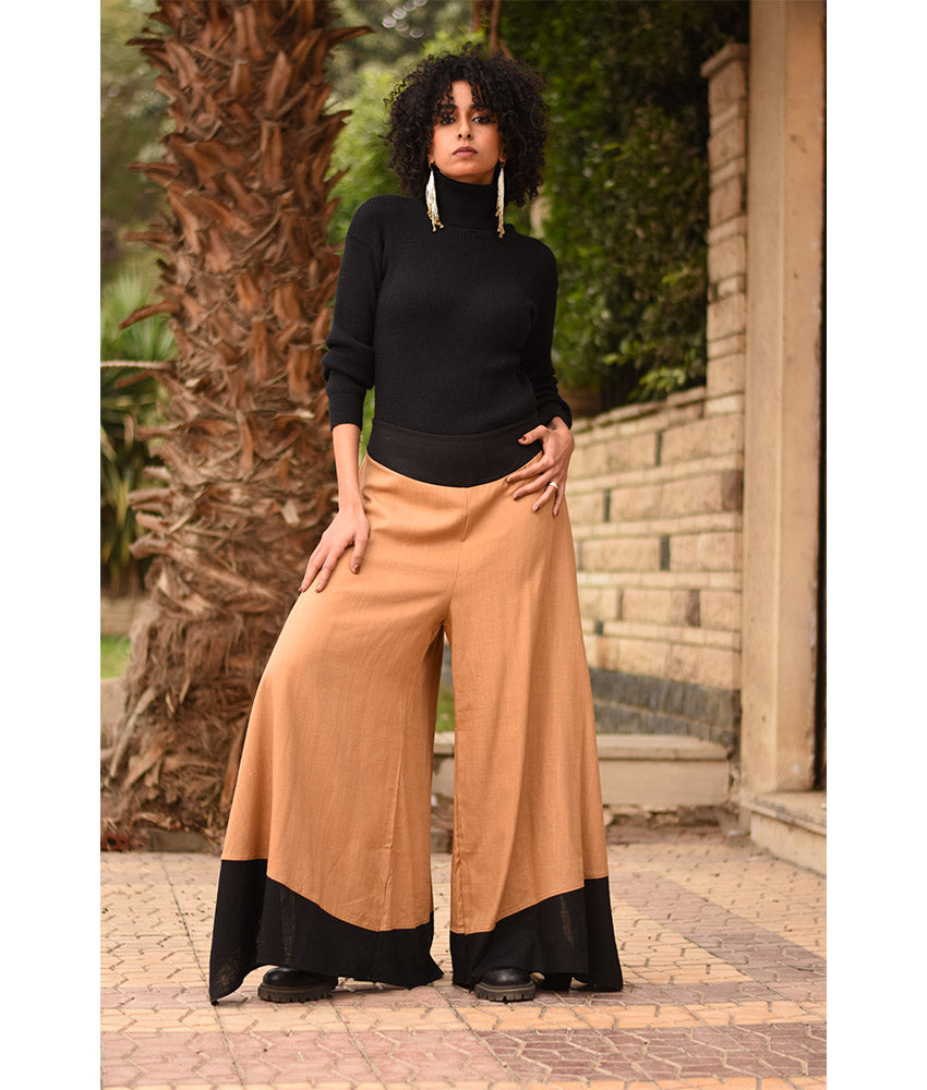 Camel Flowy Pants with Black Patches handmade in Egypt & available in Jozee boutique