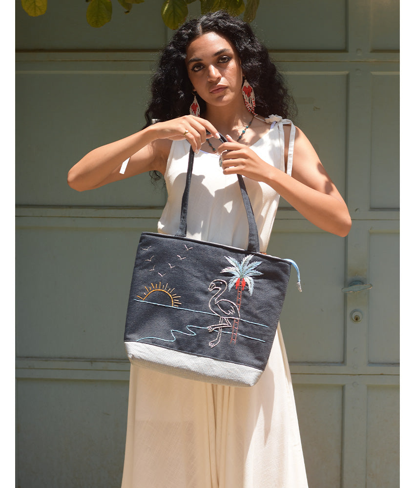 Grey Embroidered Palm Linen Tote Bag handmade in Egypt & available at Jozee Boutique.handmade in Egypt & available at Jozee Boutique.