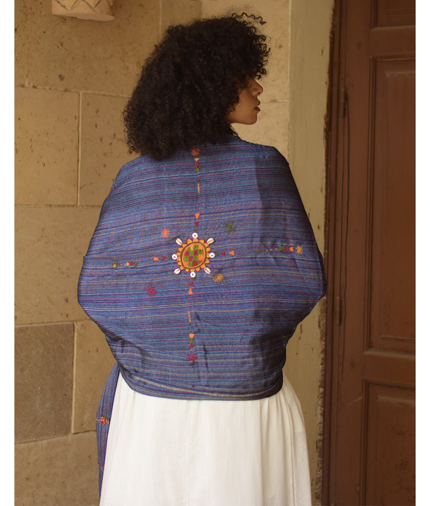 Royal Blue Silk & Cotton Siwa Embroidered Shawl Handmade in Egypt & available at Jozee Boutique