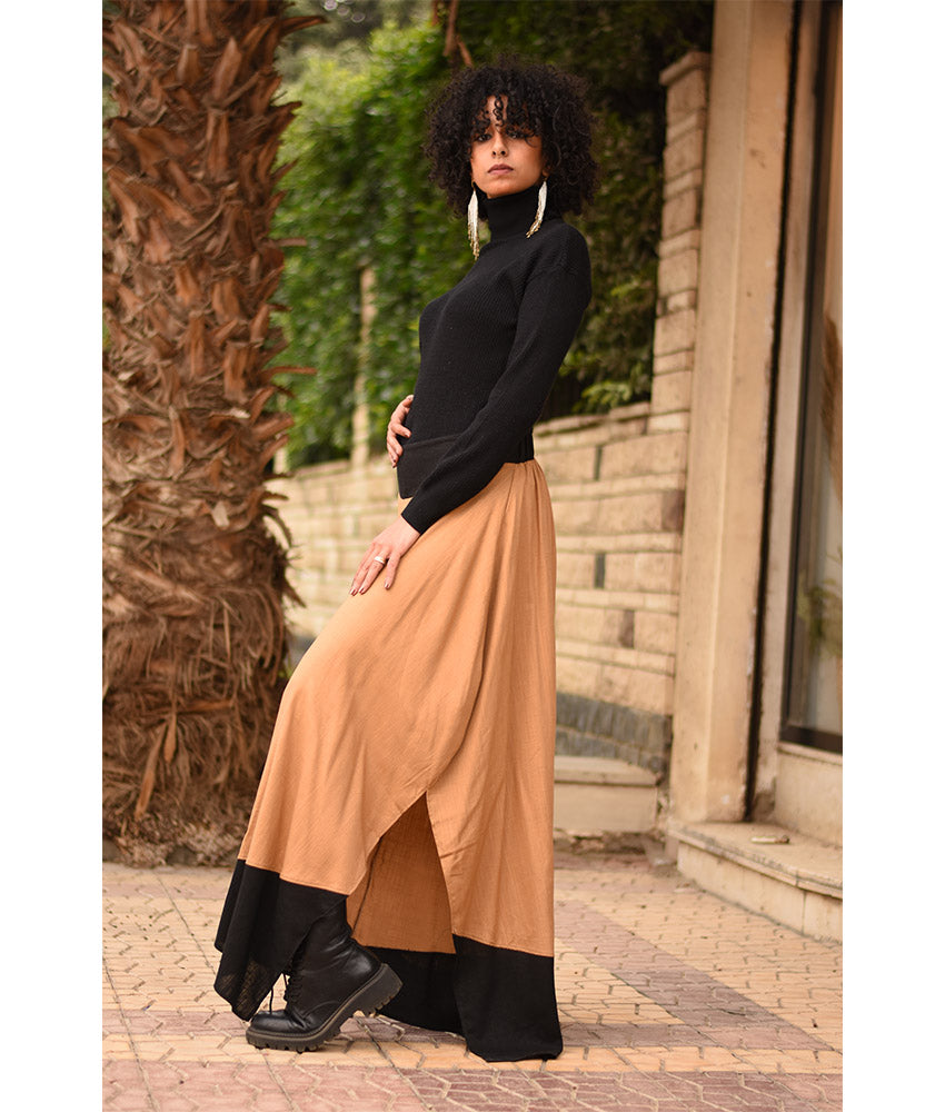 Camel Flowy Pants with Black Patches handmade in Egypt & available in Jozee boutique