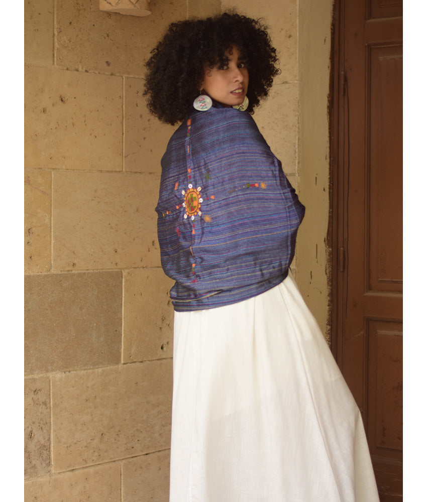 Royal Blue Silk & Cotton Siwa Embroidered Shawl Handmade in Egypt & available at Jozee Boutique