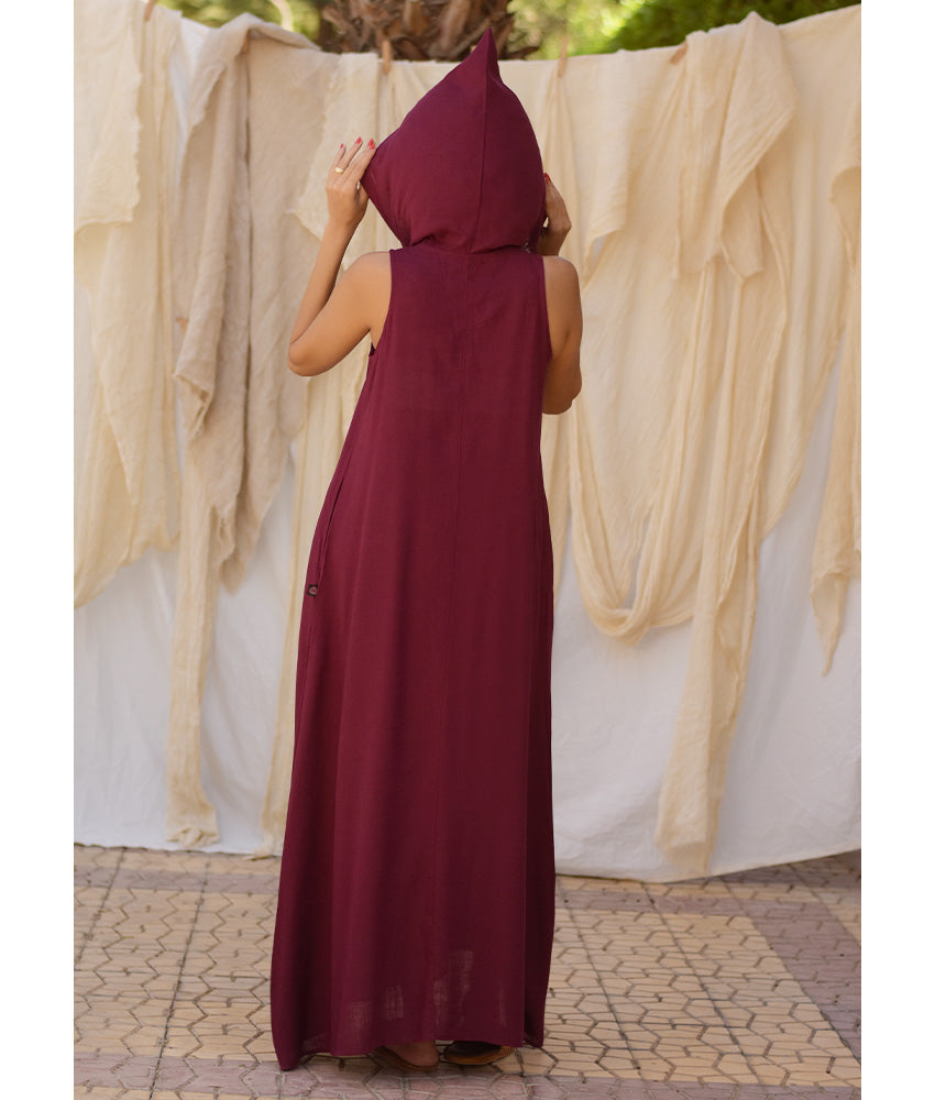 Burgundy Linen Dress with Hoodie handmade in Egypt & available at Jozee Boutique.