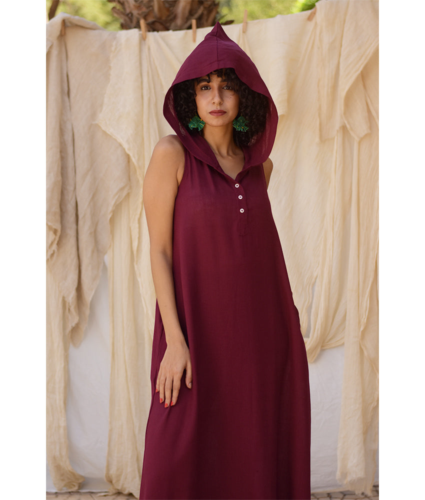 Burgundy Linen Dress with Hoodie handmade in Egypt & available at Jozee Boutique.