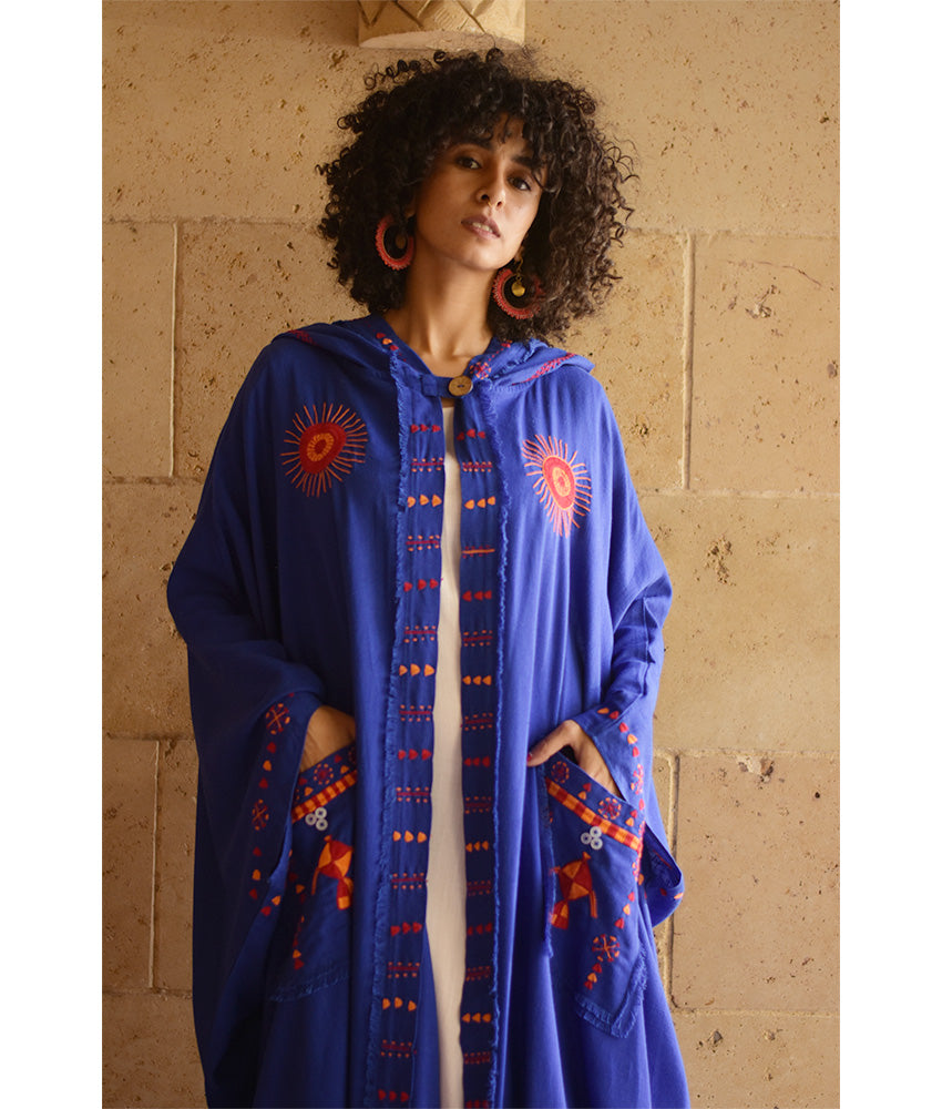Electric Blue Siwa Embroidered Linen Cardigan/Abaya with Hoodie handmade in Egypt & available at Jozee Boutique.
