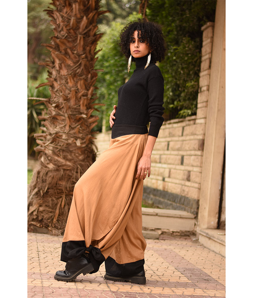 Camel Flowy Pants with Black Patches handmade in Egypt & available in Jozee boutique