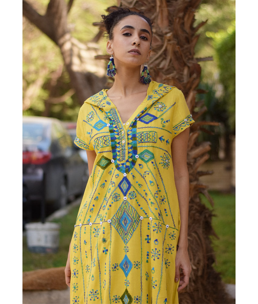 Mustard Siwa Heavily Embroidered Linen Dress with Hoodie handmade in Egypt & available at Jozee Boutique.