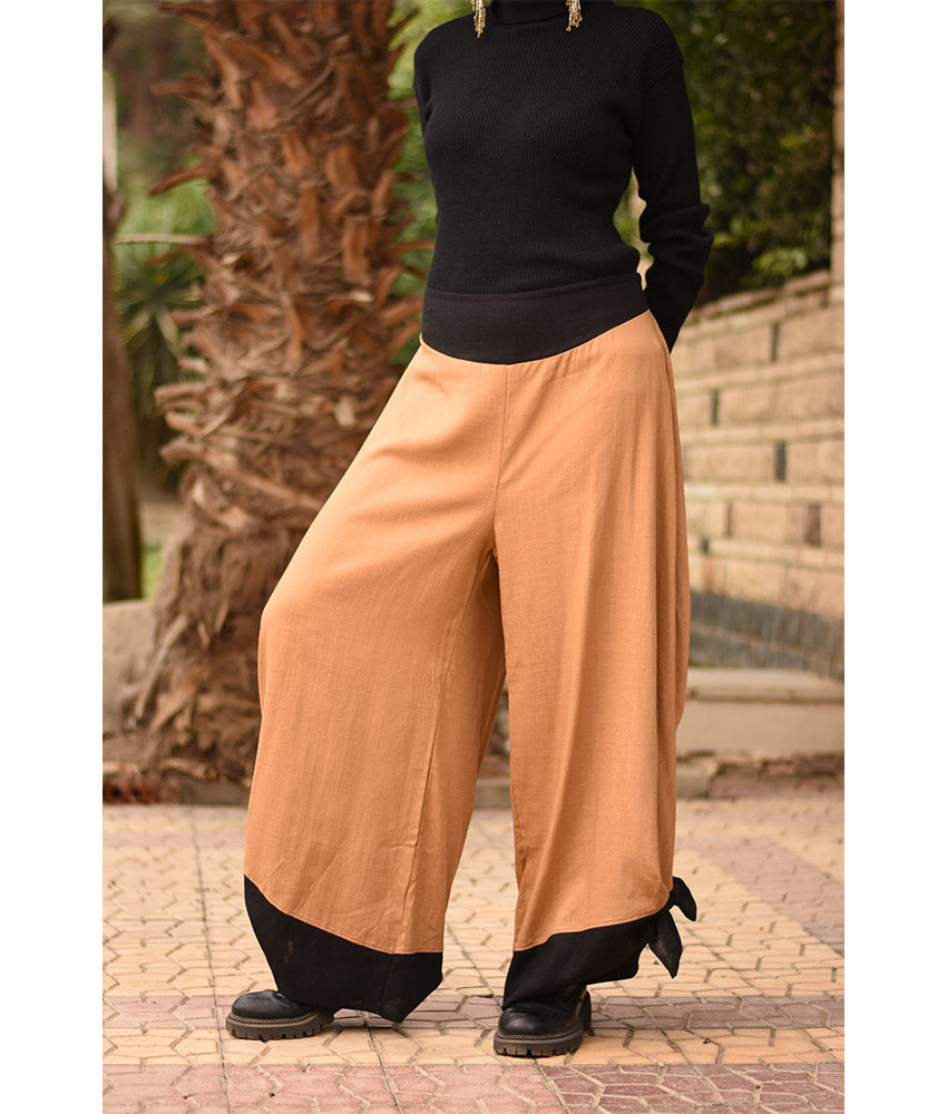 Camel Flowy Pants with Black Patches handmade in Egypt & available in Jozee boutique