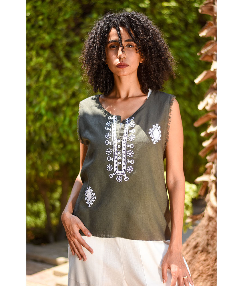 Army Green Siwa Embroidered Linen Top Handmade in Egypt & available at Jozee Boutique