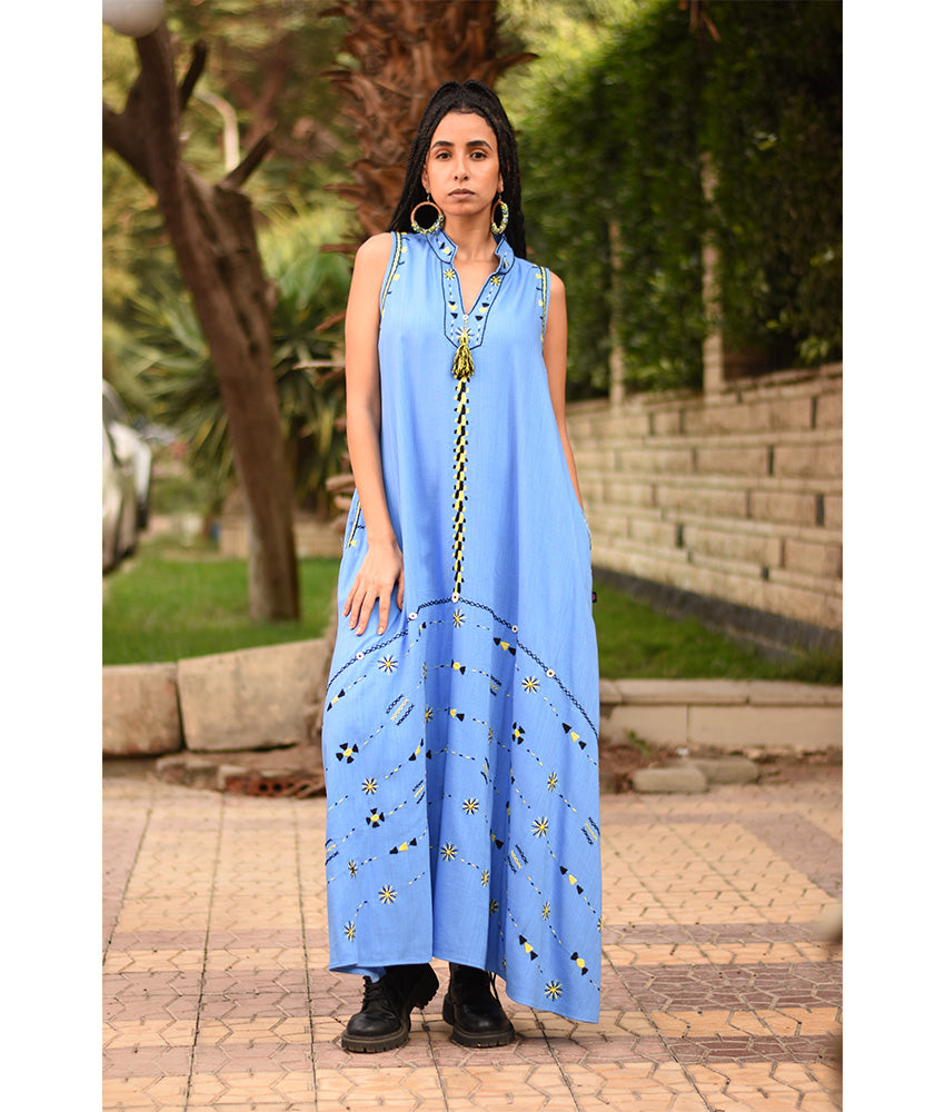 Denim Blue Siwa Embroidered Linen Japanese Dress handmade in Egypt & available at Jozee Boutique.