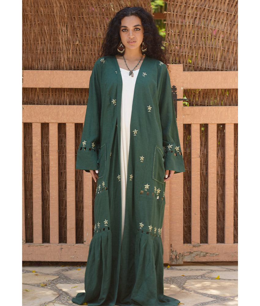 Emerald Green Linen Cardigan with Hand Embroideries handmade in Egypt & available at Jozee Boutique.