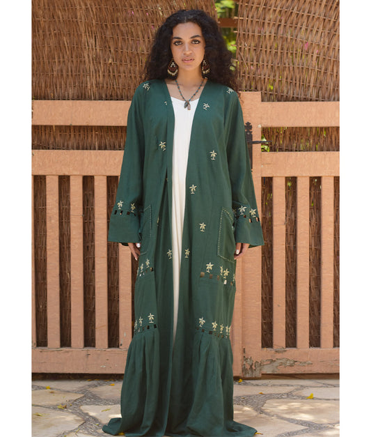 Emerald Green Linen Cardigan with Hand Embroideries handmade in Egypt & available at Jozee Boutique.