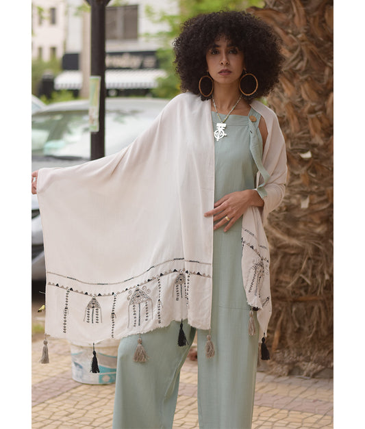 White Siwa Embroidered Viscose Shawl Handmade in Egypt & available at Jozee Boutique