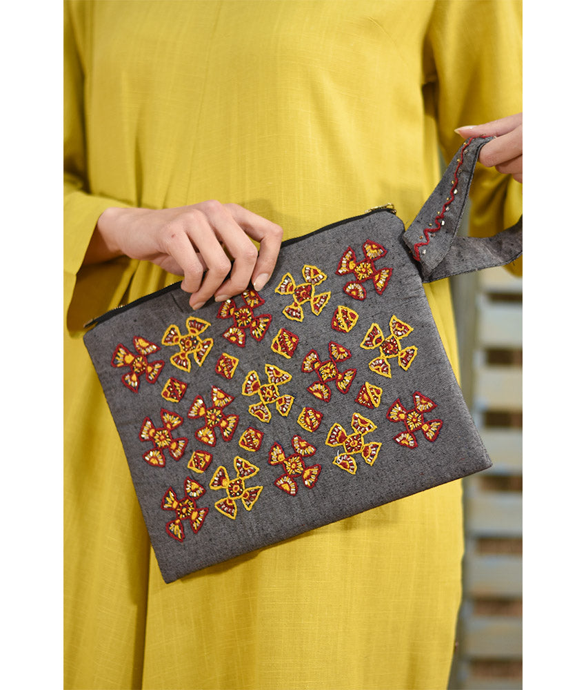 Grey Embroidered Clutch handmade in Egypt & available at Jozee Boutique.