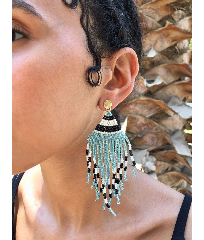 White, Black & Aqua Beaded Earrings handmade in Egypt & available in Jozee Boutique