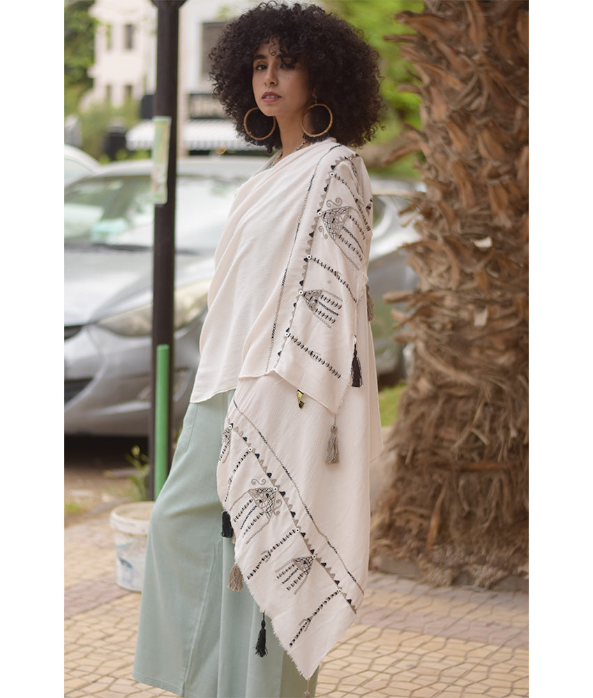 White Siwa Embroidered Viscose Shawl Handmade in Egypt & available at Jozee Boutique
