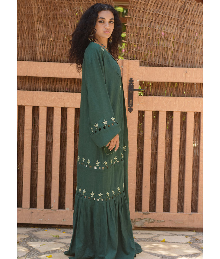 Emerald Green Linen Cardigan with Hand Embroideries handmade in Egypt & available at Jozee Boutique.