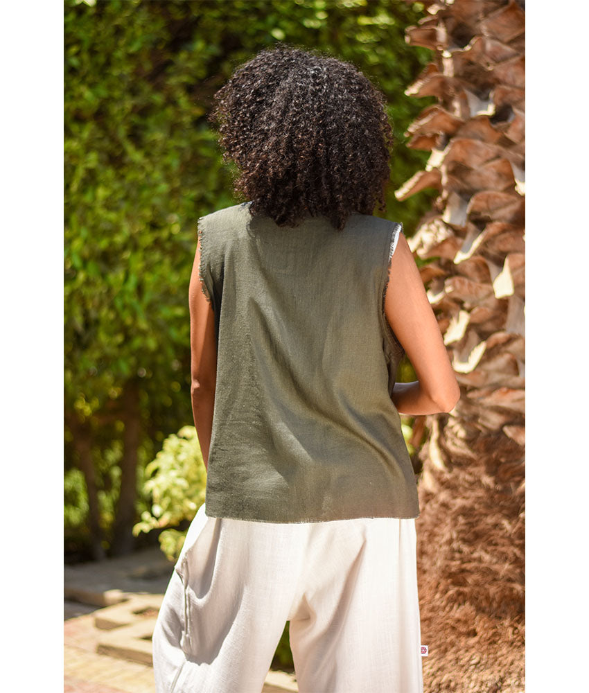Army Green Siwa Embroidered Linen Top Handmade in Egypt & available at Jozee Boutique