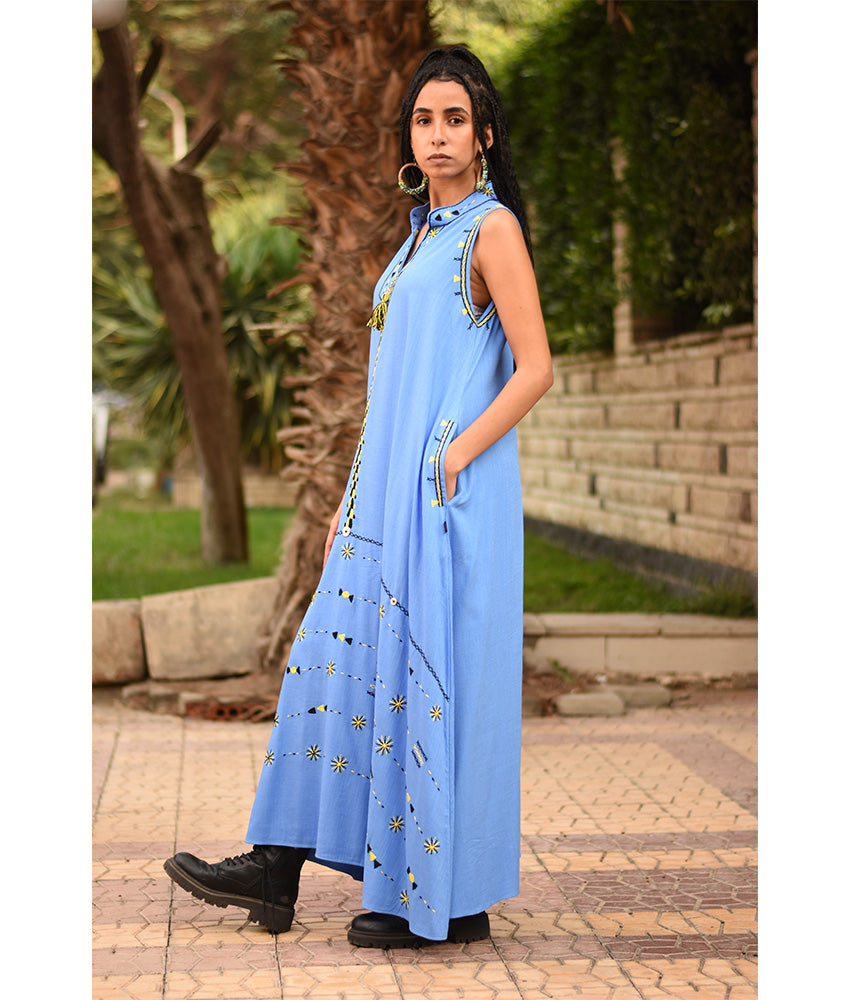Denim Blue Siwa Embroidered Linen Japanese Dress handmade in Egypt & available at Jozee Boutique.