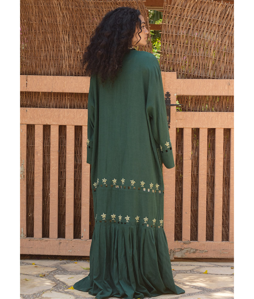 Emerald Green Linen Cardigan with Hand Embroideries handmade in Egypt & available at Jozee Boutique.