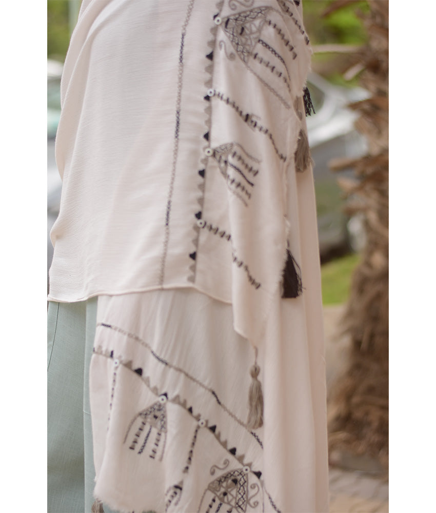White Siwa Embroidered Viscose Shawl Handmade in Egypt & available at Jozee Boutique