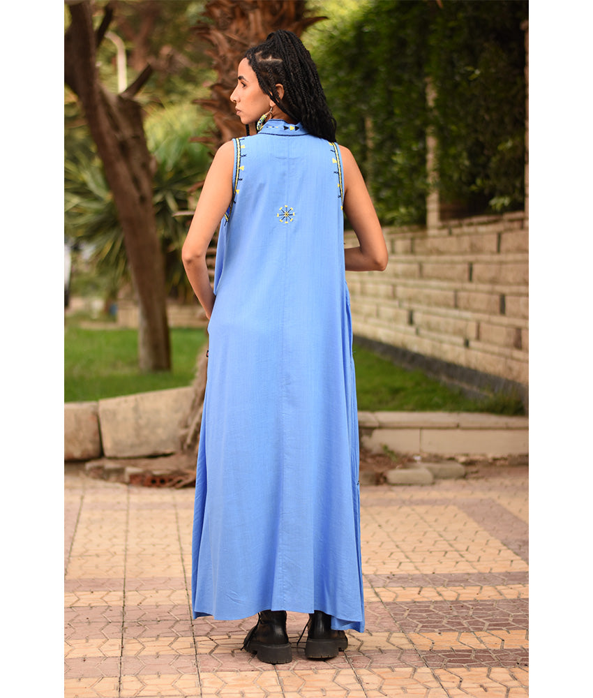 Denim Blue Siwa Embroidered Linen Japanese Dress handmade in Egypt & available at Jozee Boutique.