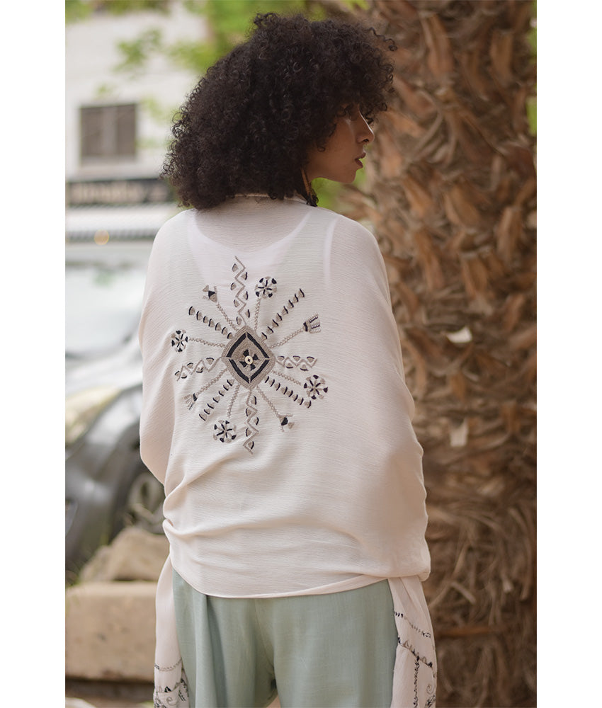 White Siwa Embroidered Viscose Shawl Handmade in Egypt & available at Jozee Boutique
