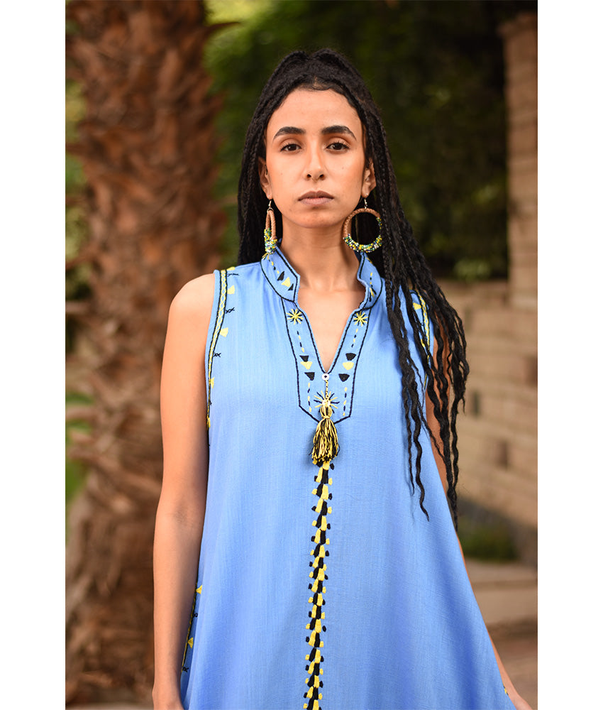 Denim Blue Siwa Embroidered Linen Japanese Dress handmade in Egypt & available at Jozee Boutique.
