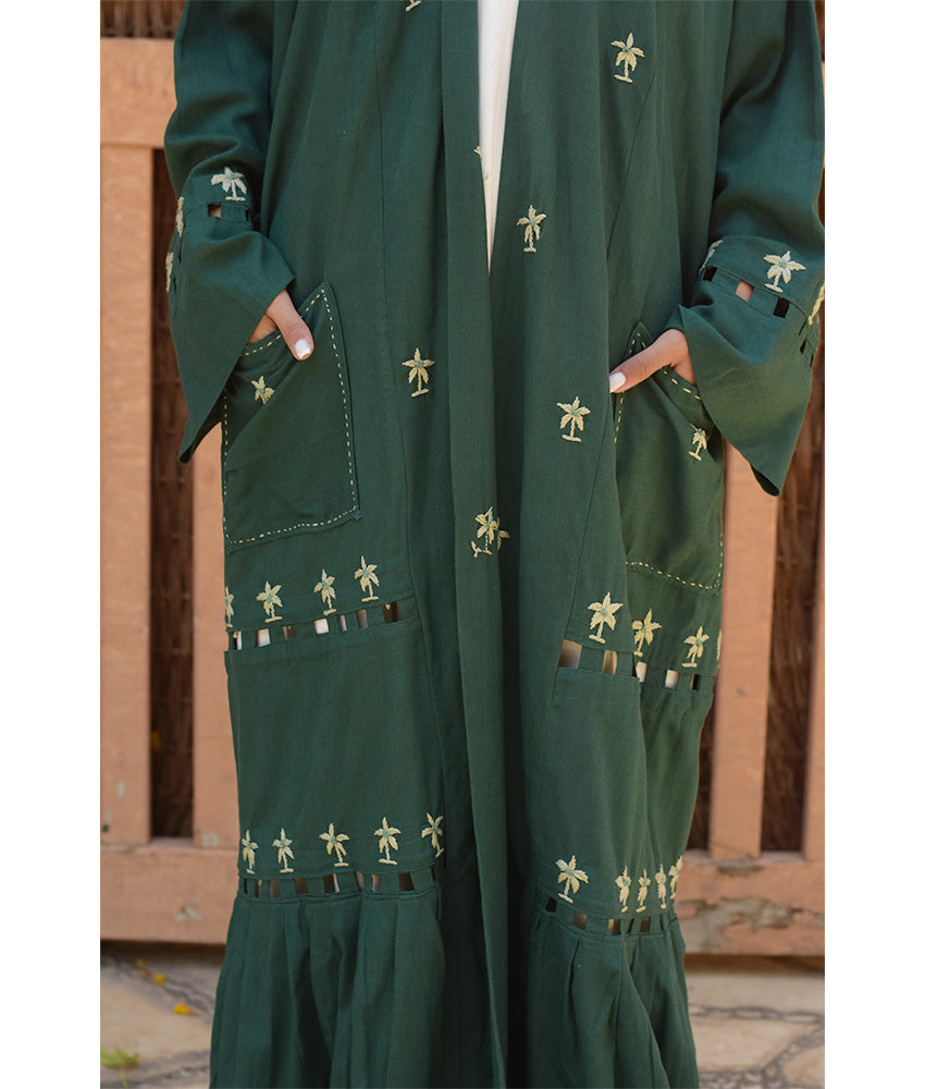 Emerald Green Linen Cardigan with Hand Embroideries handmade in Egypt & available at Jozee Boutique.