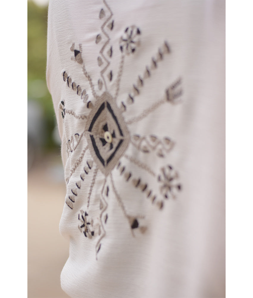 White Siwa Embroidered Viscose Shawl Handmade in Egypt & available at Jozee Boutique