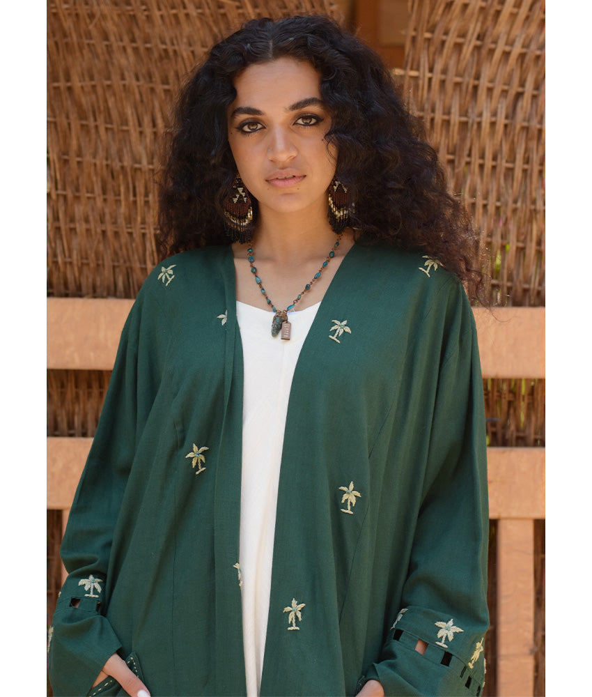 Emerald Green Linen Cardigan with Hand Embroideries handmade in Egypt & available at Jozee Boutique.