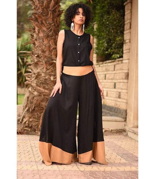 Black Flowy Pants with Camel Patches handmade in Egypt & available in Jozee boutique