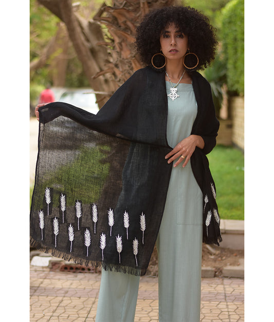 Black Embroidered Linen Shawl Handmade in Egypt & available at Jozee Boutique