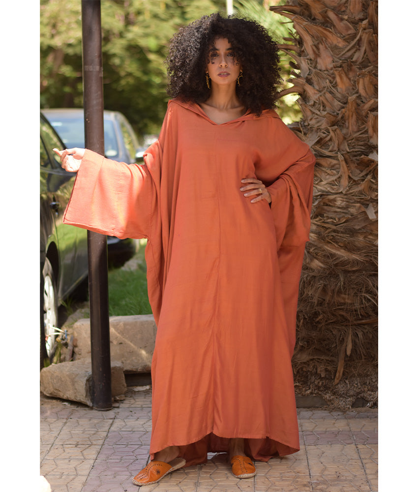 Burnt Orange Viscose Kaftan with Hoodie
