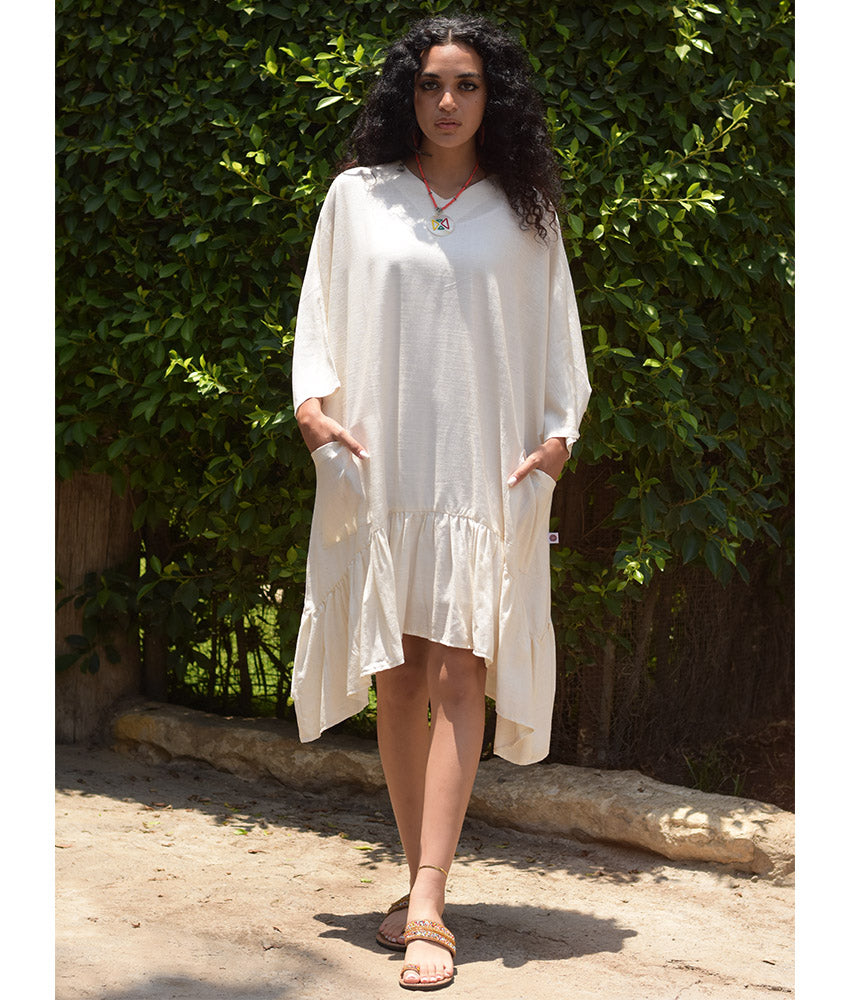Off White Linen Midi Dress handmade in Egypt & available at Jozee Boutique.