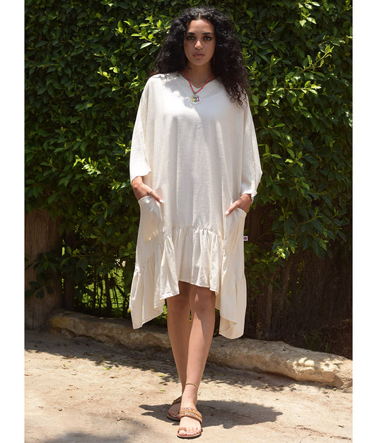 Off White Linen Midi Dress handmade in Egypt & available at Jozee Boutique.