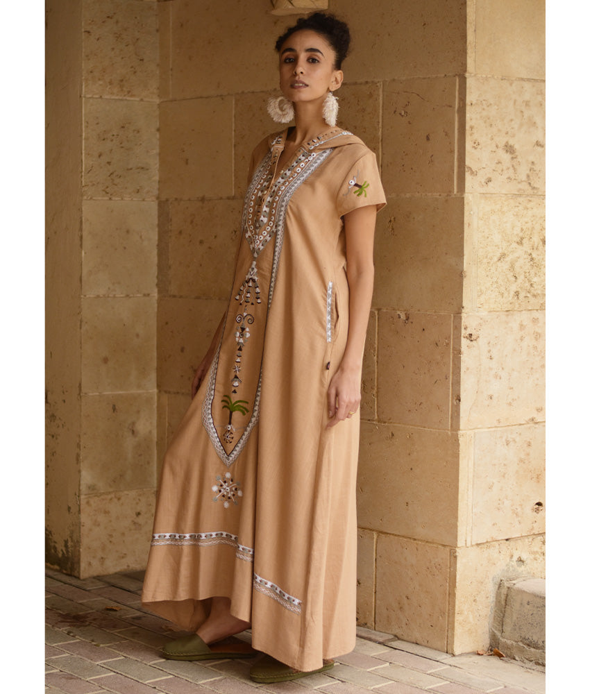 Dark Beige Siwa Embroidered Linen Dress with Hoodie handmade in Egypt & available at Jozee Boutique.