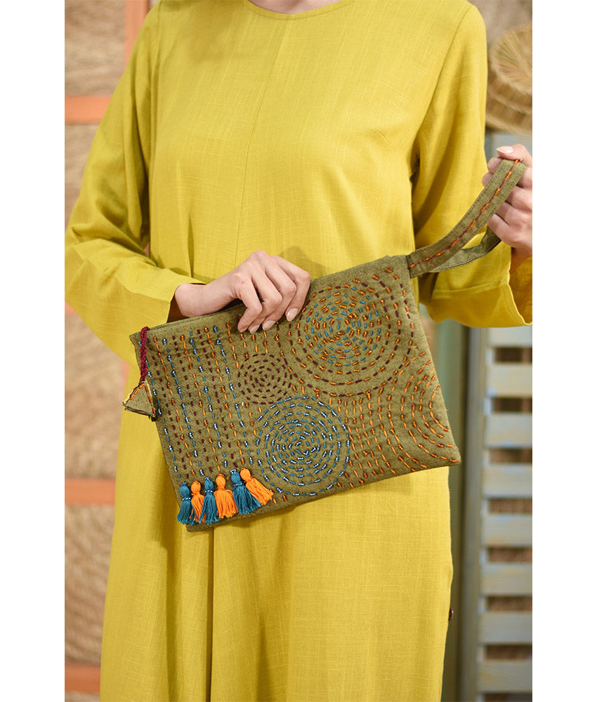 Green Embroidered Clutch handmade in Egypt & available at Jozee Boutique.