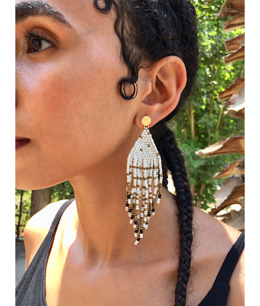 White, Black & Gold Beaded Earrings handmade in Egypt & available in Jozee Boutique
