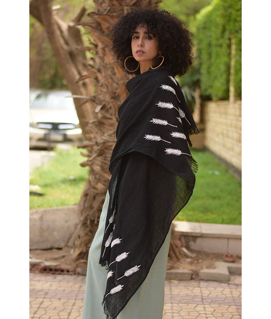 Black Embroidered Linen Shawl Handmade in Egypt & available at Jozee Boutique
