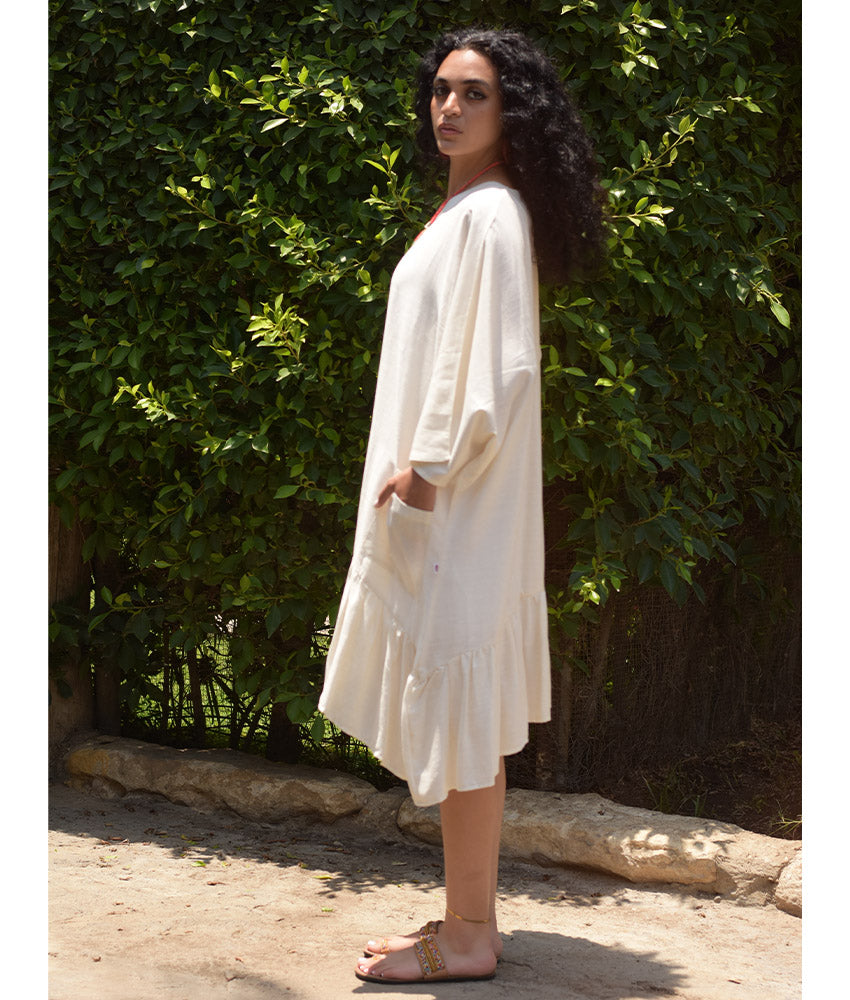 Off White Linen Midi Dress handmade in Egypt & available at Jozee Boutique.