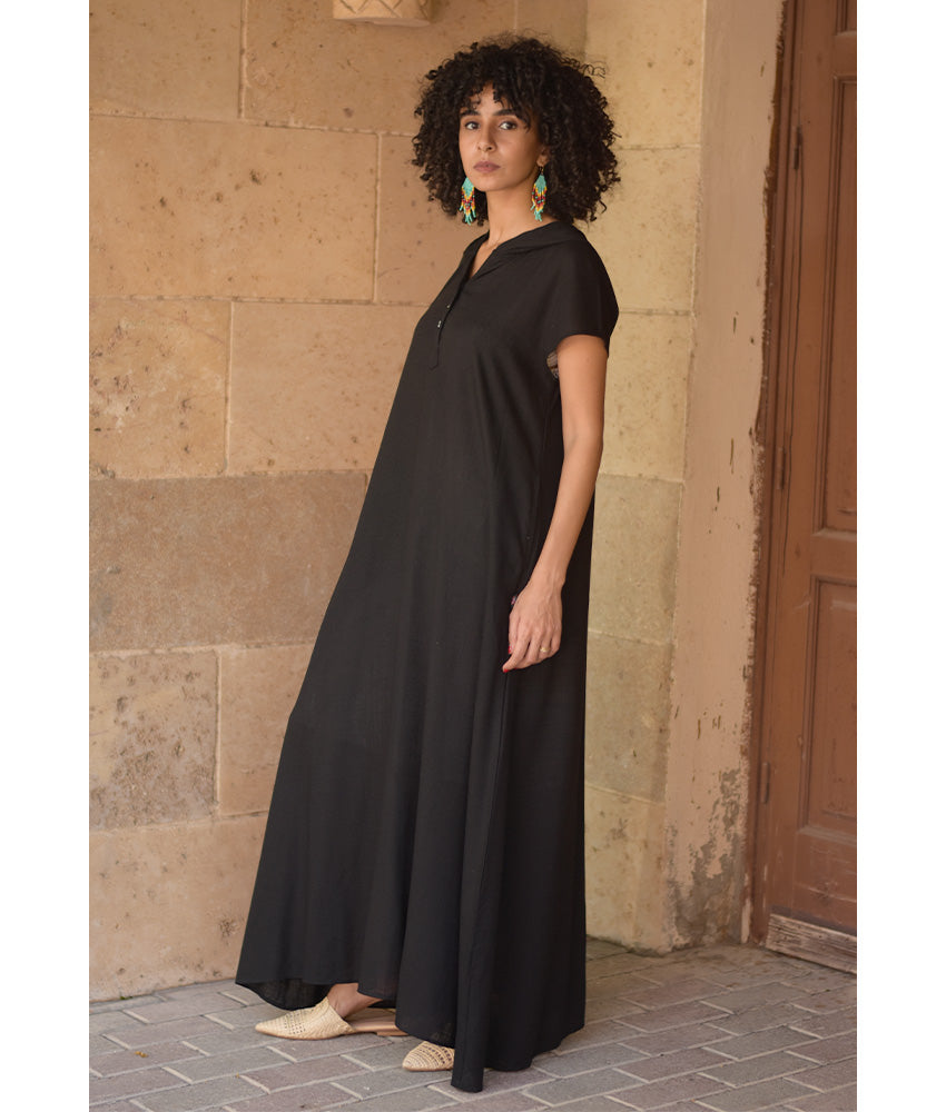 Black Linen Dress with Hoodie handmade in Egypt & available at Jozee Boutique.
