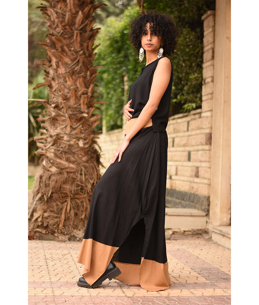 Black Flowy Pants with Camel Patches handmade in Egypt & available in Jozee boutique