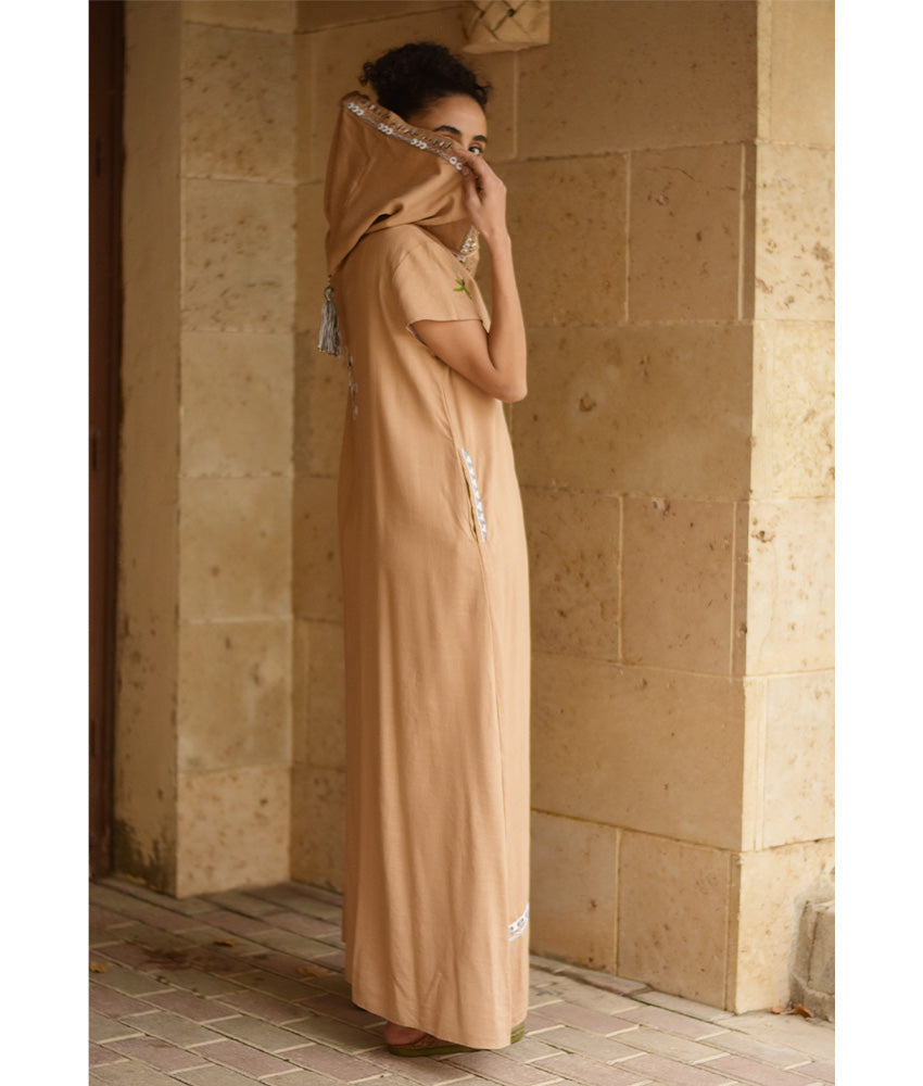 Dark Beige Siwa Embroidered Linen Dress with Hoodie handmade in Egypt & available at Jozee Boutique.