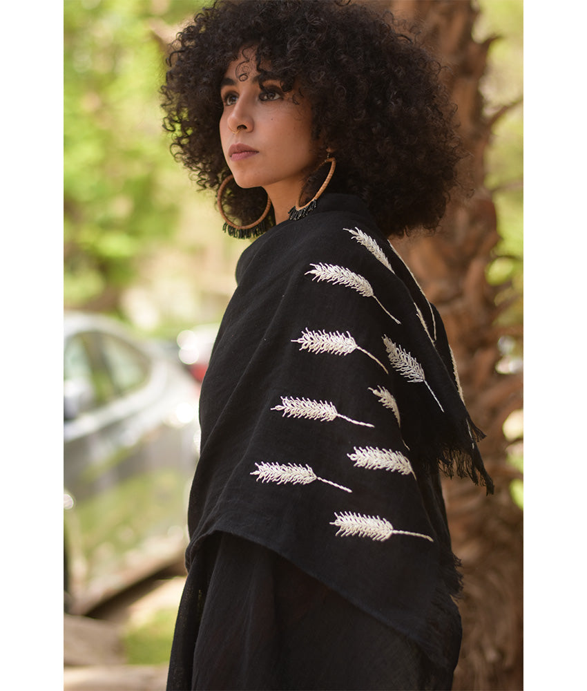 Black Embroidered Linen Shawl Handmade in Egypt & available at Jozee Boutique